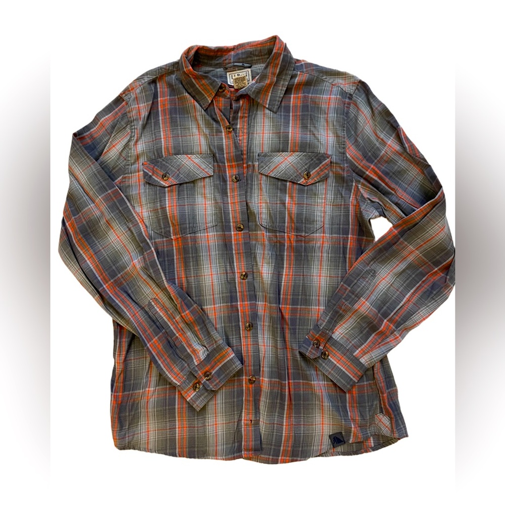 LL Bean Med Gray & Orange Plaid Long Sleeve Button Down Shirt